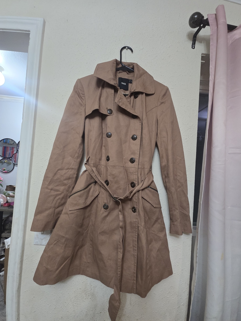 ASOS Tan Double-Breasted Trench Coat with Waist Tie